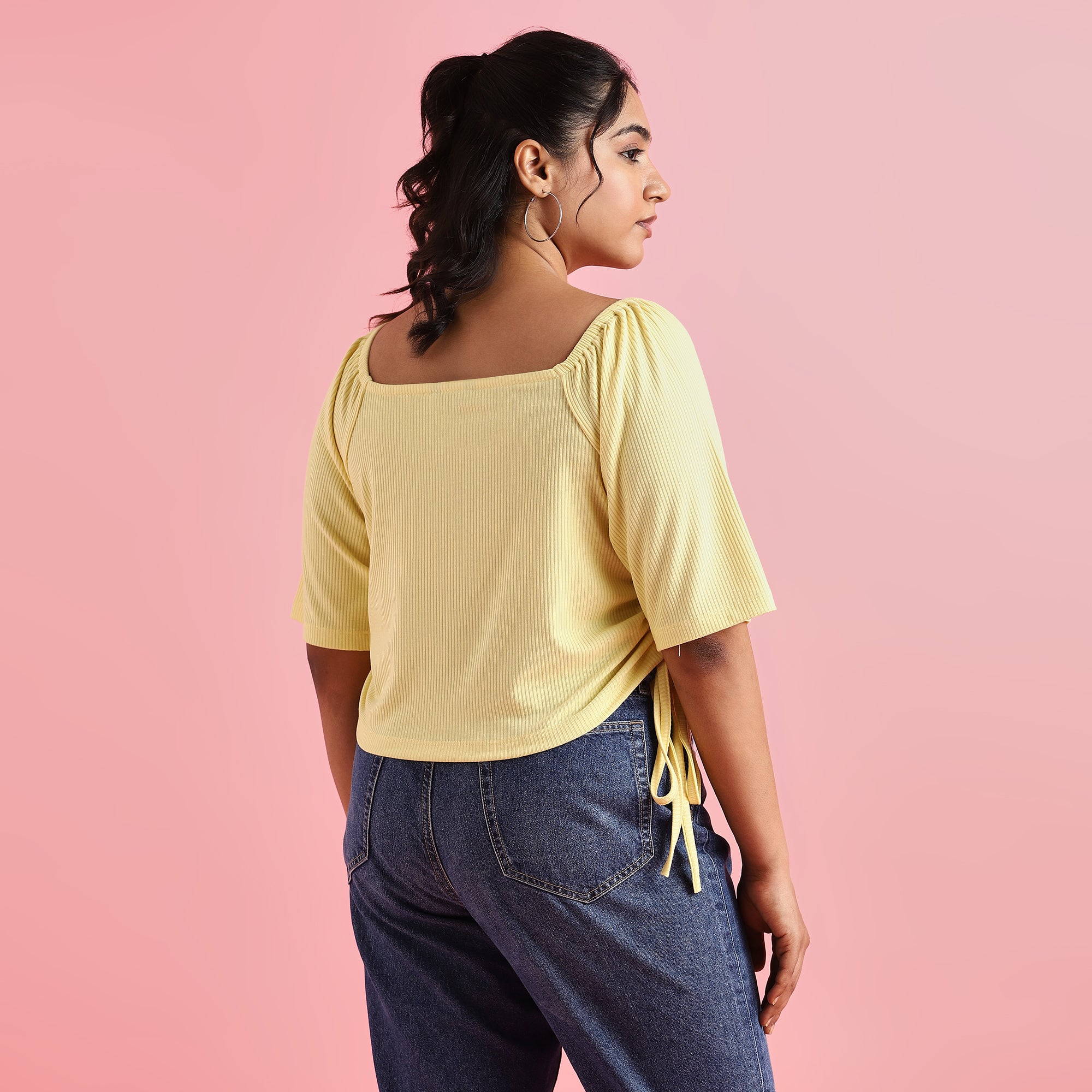 Yellow Rib Plus Size Crop Top with Drawstring