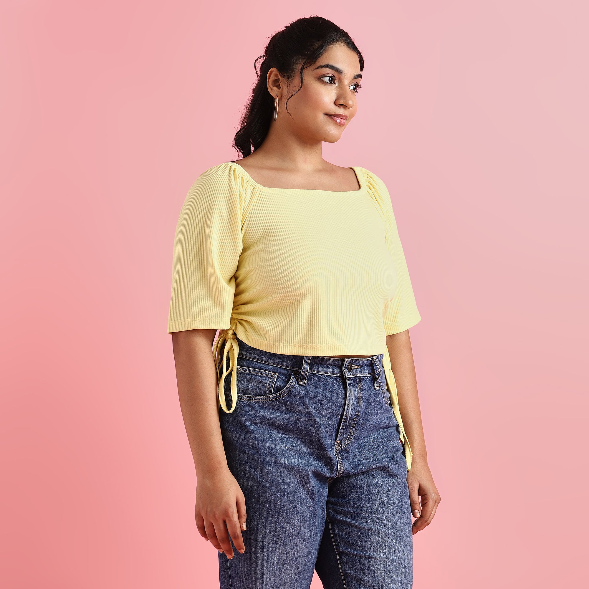 Yellow Rib Plus Size Crop Top with Drawstring