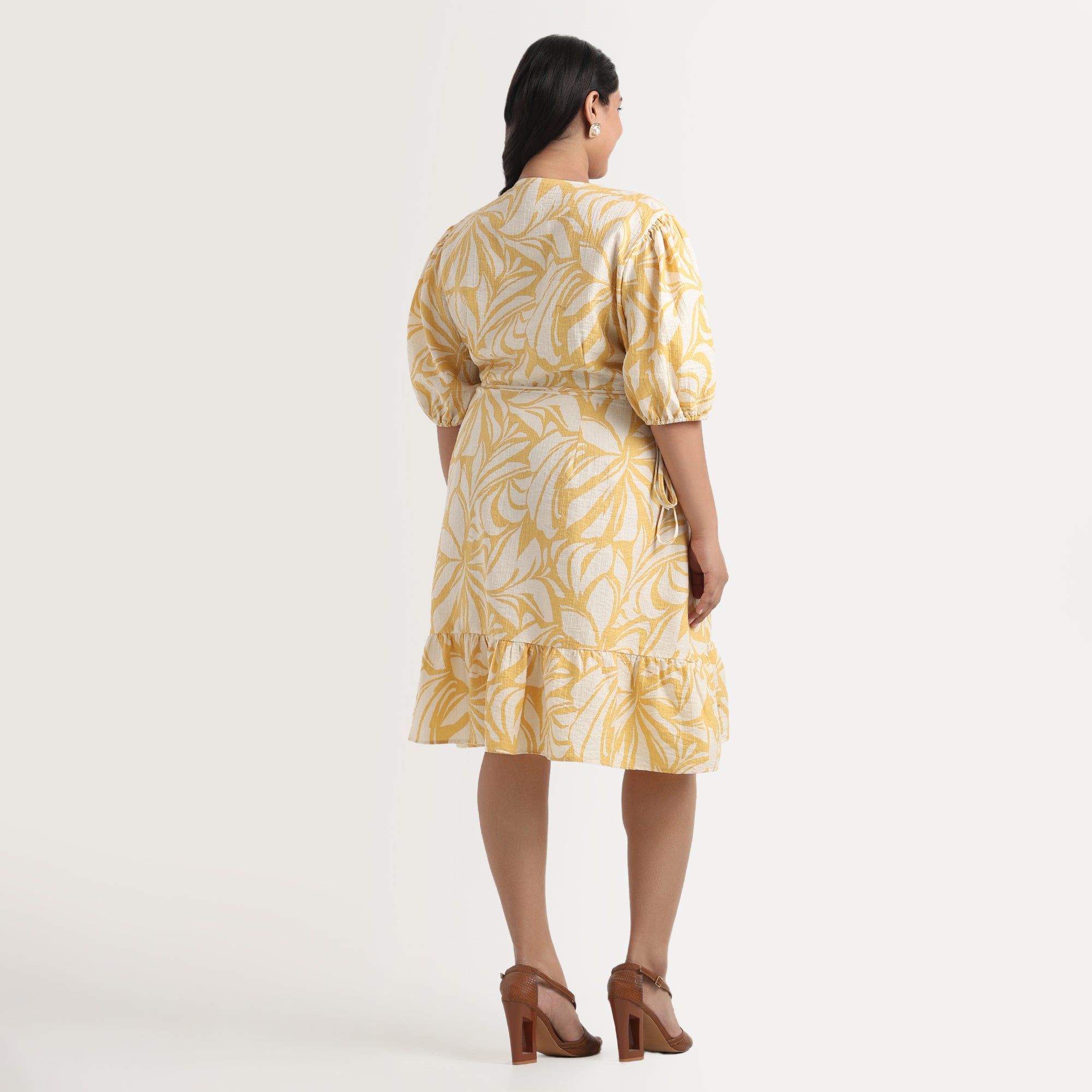 Vibrant yellow printed dress, plus-size option for day outings
