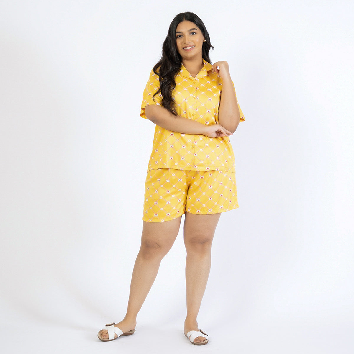 Yellow Print Plus Size Rayon Short Set Product Image 1