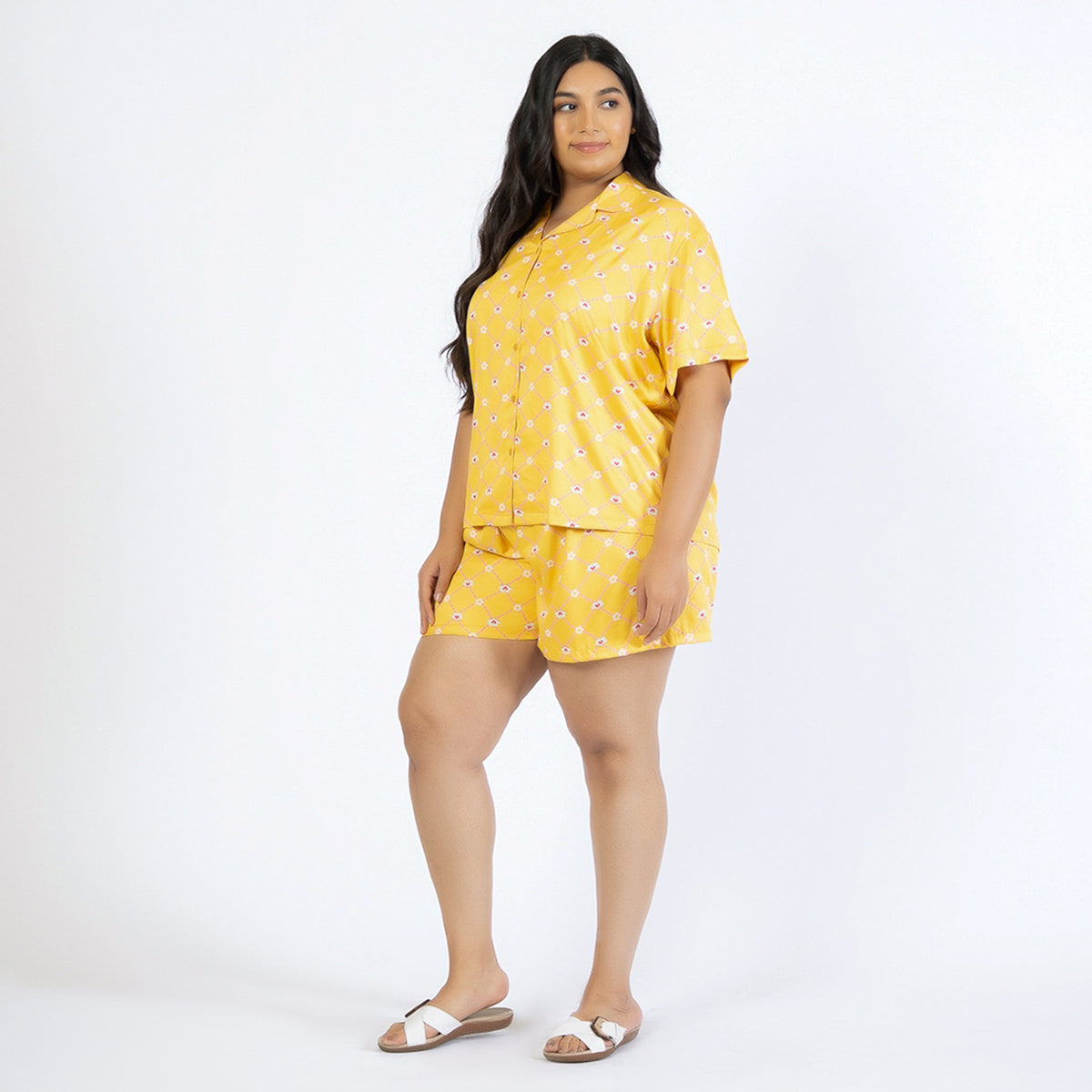 Yellow Print Plus Size Rayon Short Set Product Image 3